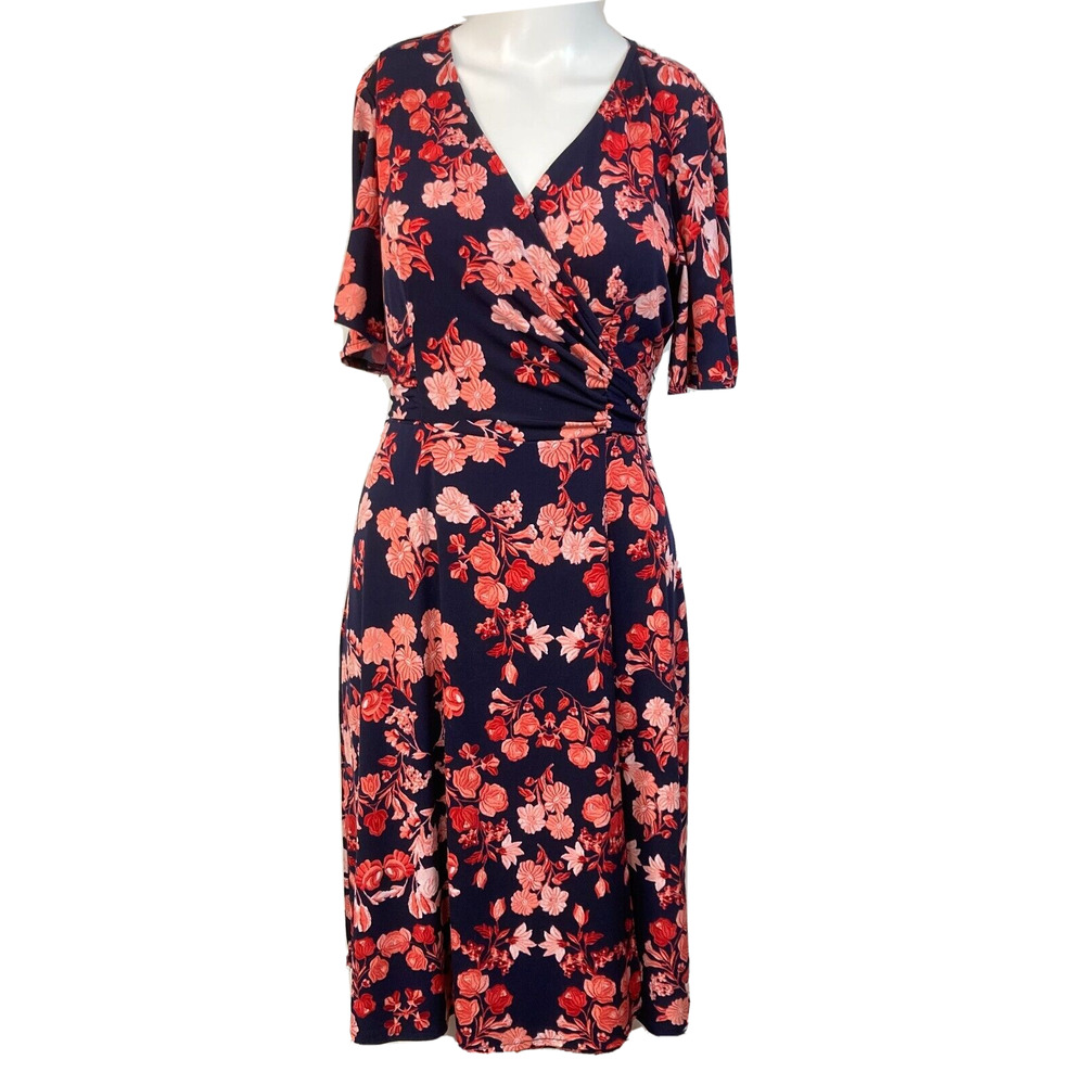Julie Dillon Dress Womens Sz 6 Navy Blue Pink Floral Short Sleeve Wrap